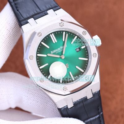 Copy Audemars Piguet Royal Oak 15202 Watch SS Smoke Green Dial Black Leather